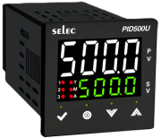 PID500-U | Universaalne PID-regulaator, 4^4 kohaline valge/roheline LED-ekraan, mahtuvuslik puuteklahvistik, universaalne sisend/väljund, 3RO, analoog-/SSR-väljund, 90..270VAC/DC, ■52x52/□45x45, IP65