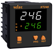 Taimer XT246A, dual display| 3dig. 7seg. LED, ON delay ^interval ^cyclic ON first ^cyclic OFF first (up/down counting)| 0..9.99..99.9min..999h acc. 0.05s, 1 set point, 2CO (SPDT) 5A 250VAC/ 24VDC, sv 90..270VAC, ■76x76/□69x69