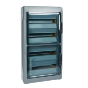 SM Distribution Box Plexo³, 4x 18M, 125A 400VAC, PEN 35^35, reinforced polystyrene ^PC, -25..40°C, incl. 18 cable glands, UV-stable, HF, cl. II, IP65 IK09, transparent^grey